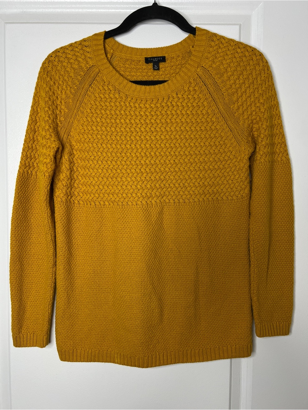 Talbots Petites Cotton Cashmere Blend Mixed Stitch Mustard Yellow Sweater Small